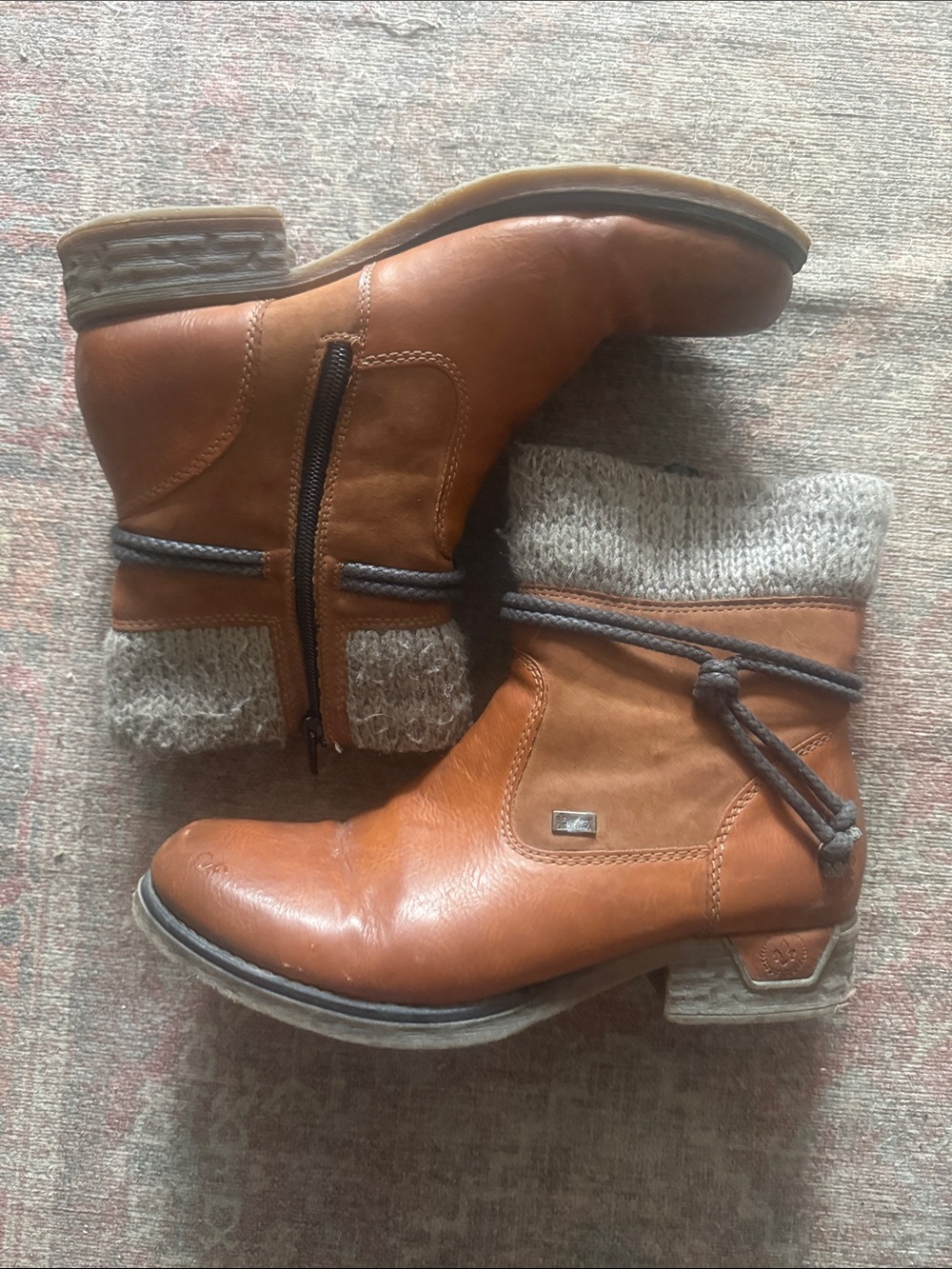 Rieker Chestnut Brown Leather Ankle Boots with Knit Cuff - Picture 2 of 5